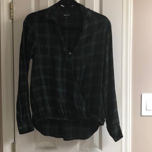 Madewell Black and Green Plaid Blouse